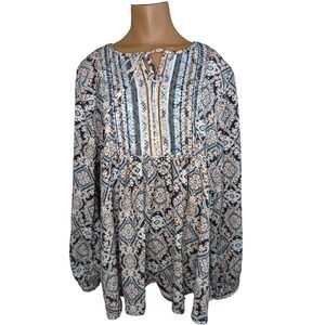 Hailey & Co 1X women blue brown beige patterned peasant top Babydoll blouse